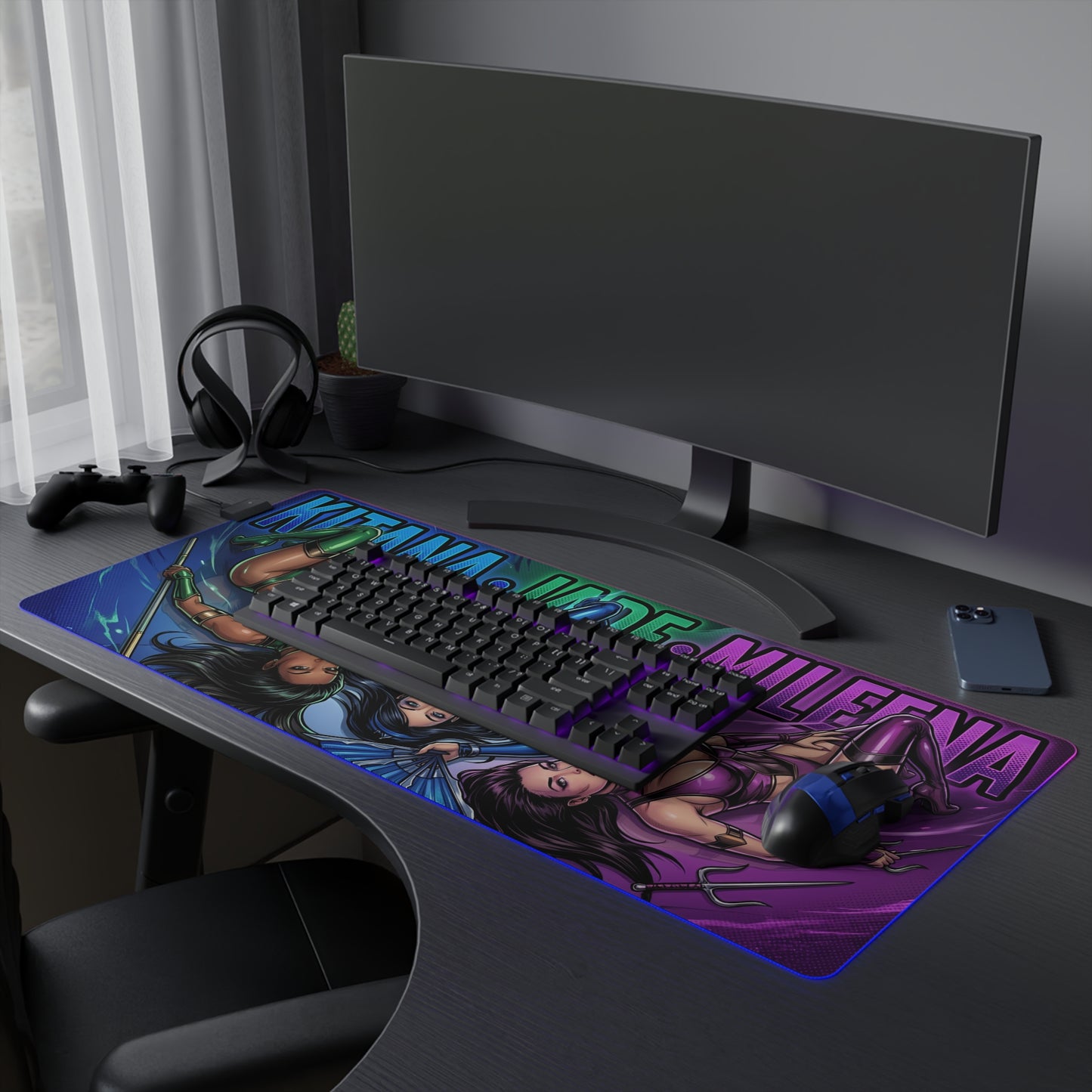 Kitana Jade Mileena RGB Desk Mat, Mortal Kombat Gaming Mouse Pad, LED Desk Mat featuring trio artwork on RGB illuminated large mouse pad