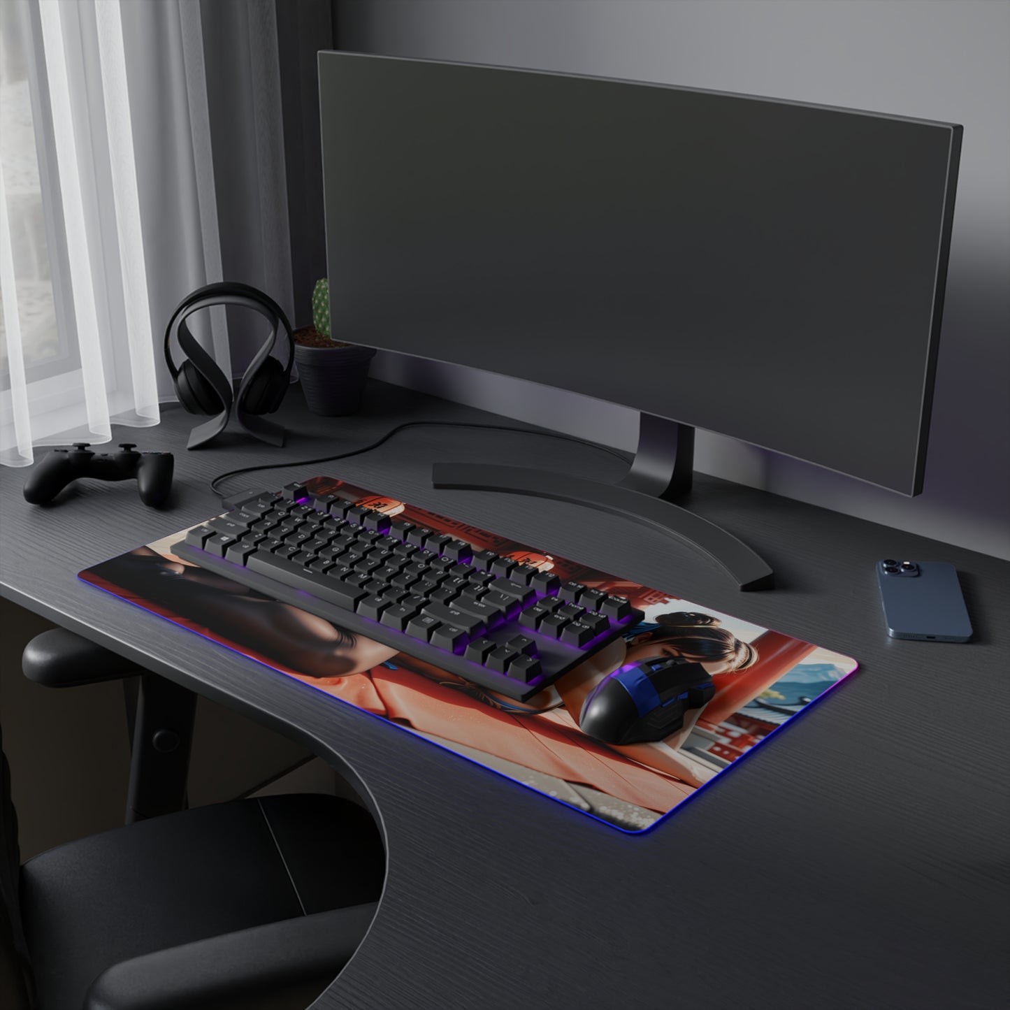 Chun-Li Desk Mat – LED RGB Pad, Waifu Fighter Anime Girl Gaming Setup