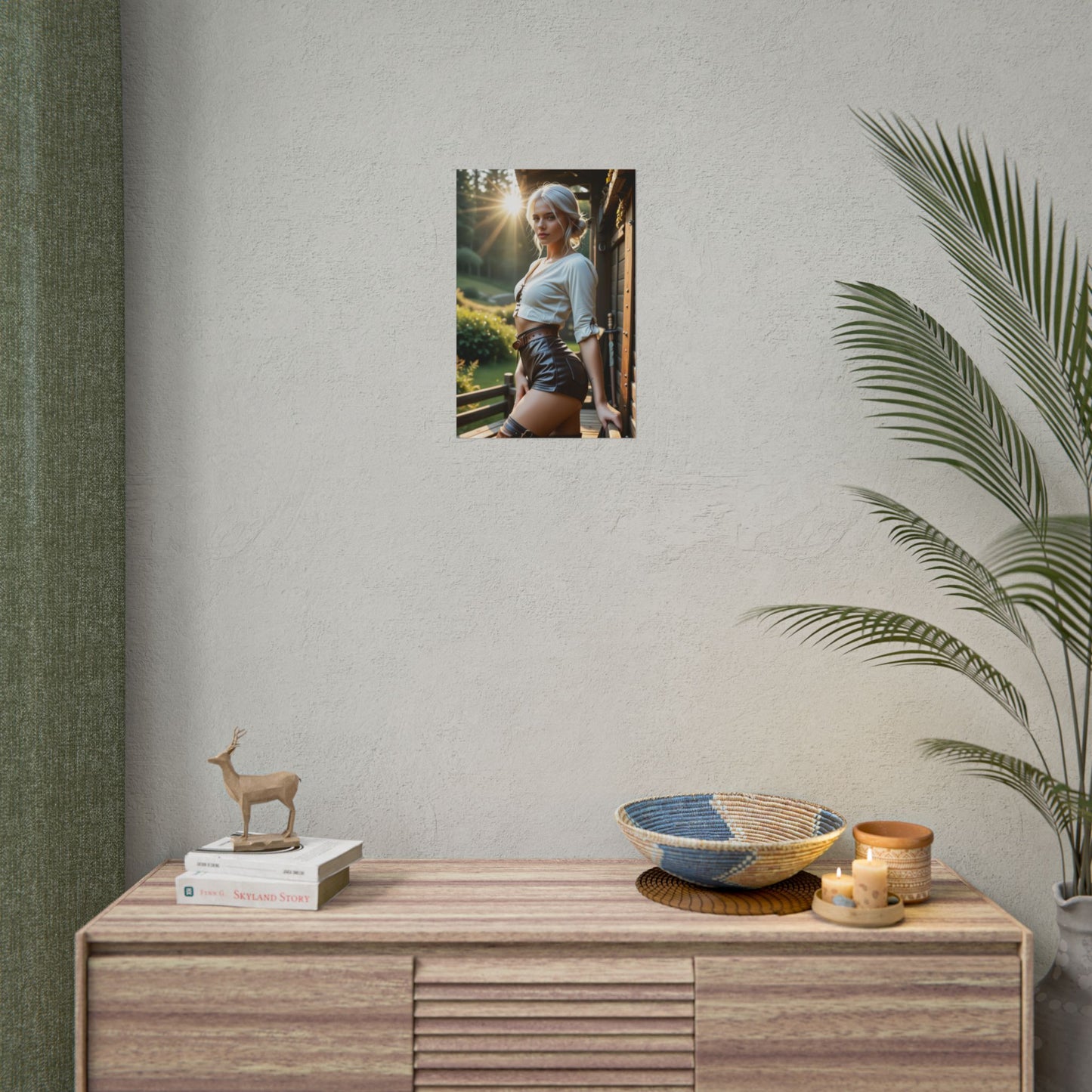 Ciri Heroine Poster – Epic Fantasy Wall Art for Fans and Collectors hanging above a modern console in a gaming room setting
