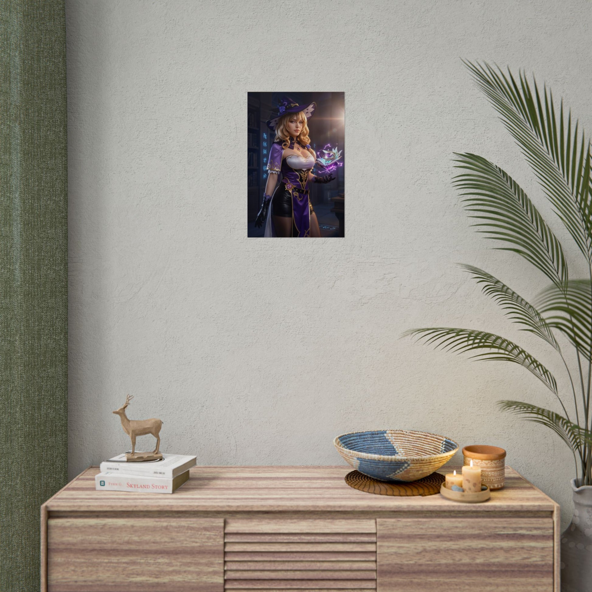 Lisa Poster, Genshin Impact Art Print – Iconic Electro Mage Heroine framed on minimalist wall above wooden console in gamer or anime-themed room