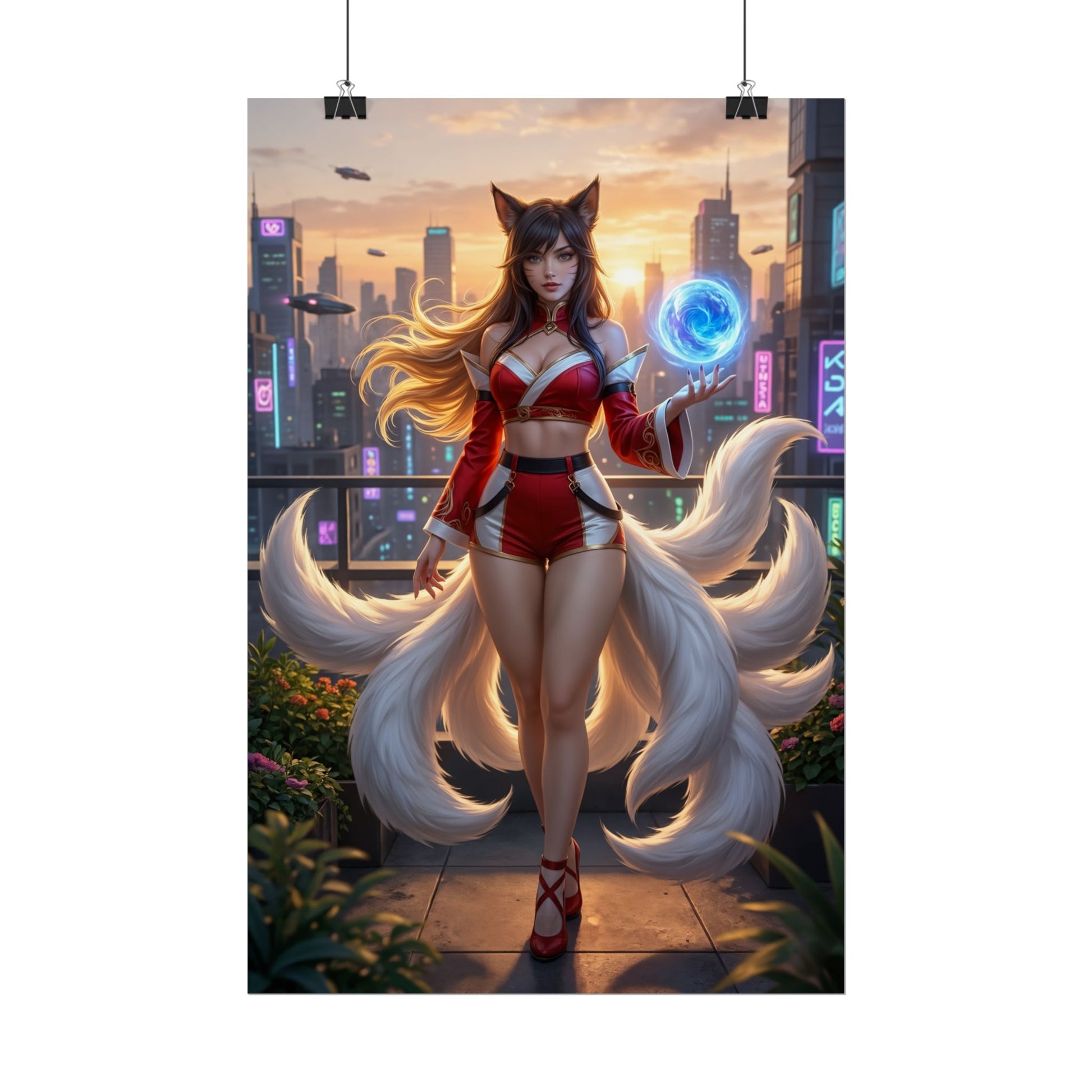 Ahri Poster, League of Legends Art Print, Iconic Nine-Tailed Mage - elegant nine-tailed mage in red outfit holding glowing orb on city balcony