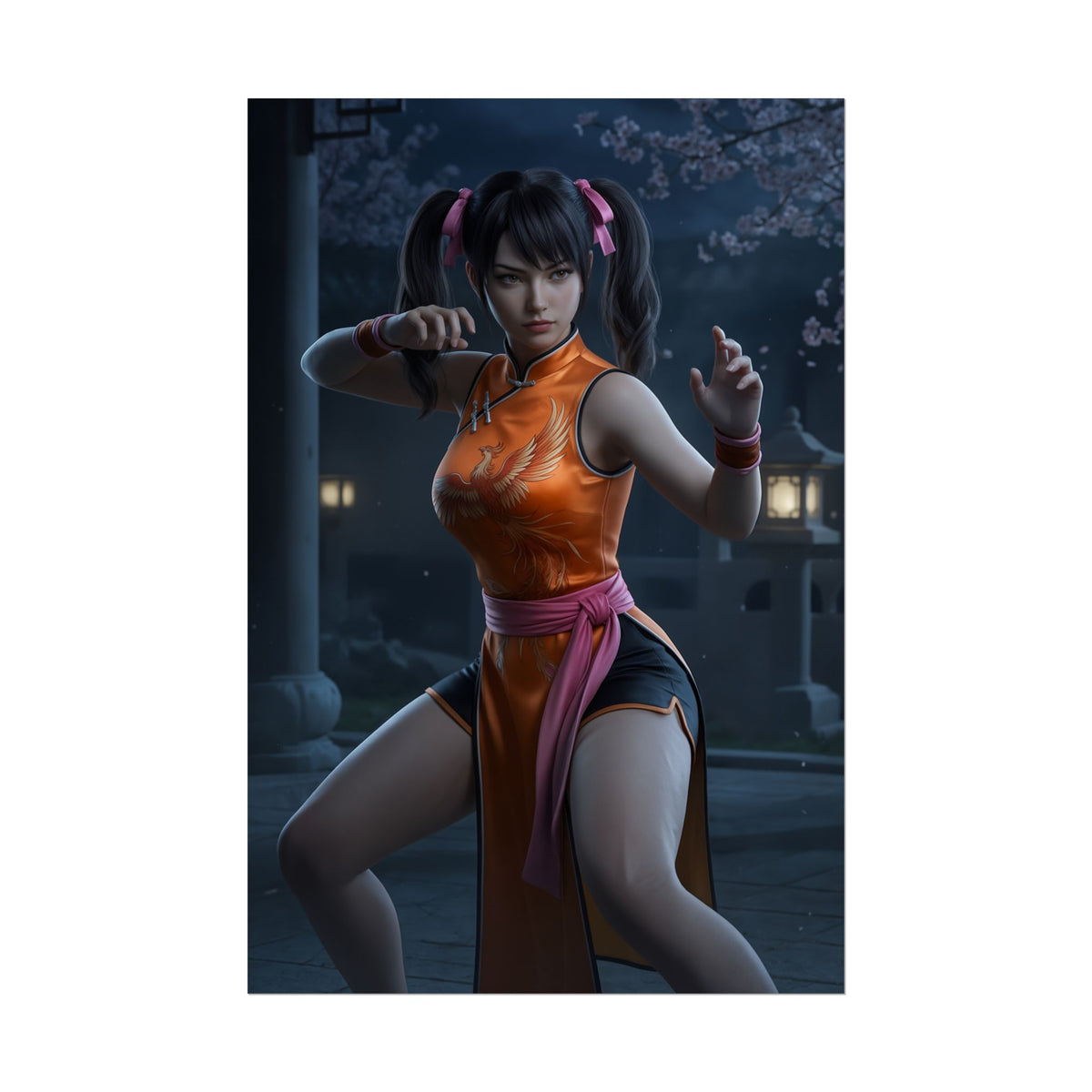 Ling Xiaoyu Poster, Tekken Art Print  Iconic Fighting Game Heroine vibrant high-resolution poster of energetic martial artist in orange qipao