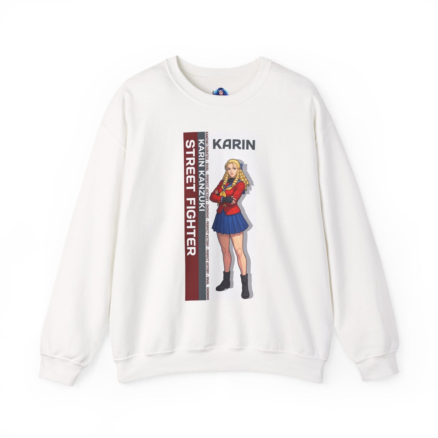 Karin Sweatshirt, Street Fighter Crewneck, Elegant Fighting Game Apparel for Fans - white crewneck featuring Karin artwork and street fighter text