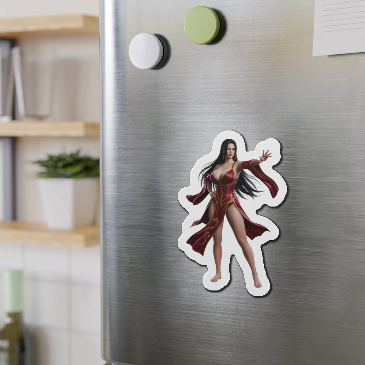 Boa Hancock Magnet – One Piece Anime Heroine Fridge Magnet, Pirate Decor on stainless steel fridge showing die-cut vinyl art of Boa Hancock