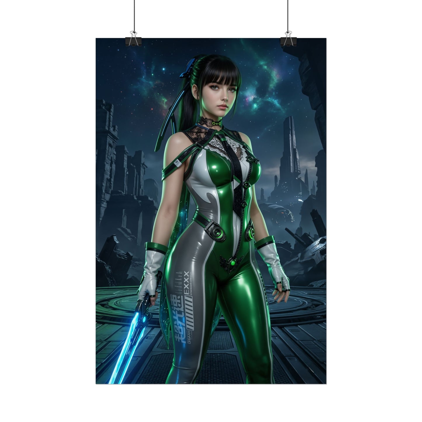 EVE Poster, Stellar Blade Art Print, Iconic Sci-Fi Action Hero – futuristic female warrior in green suit with glowing blade, gaming room wall art