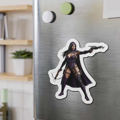 Huntress Magnet – DC Comic Heroine Fridge Magnet, Anime Style Decor die-cut vinyl fridge magnet showing Huntress in anime-style tactical purple outfit