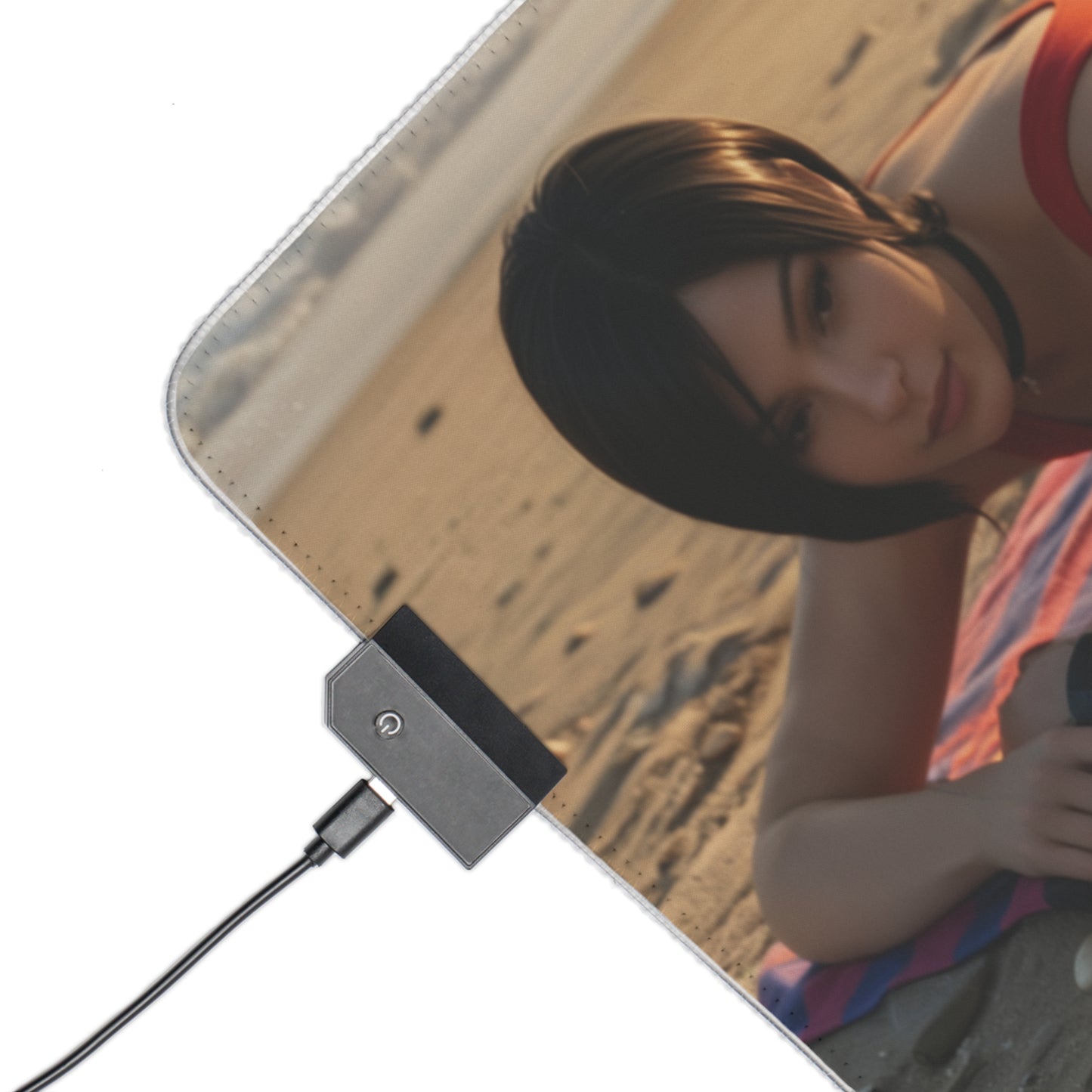 Ada Wong, Claire Redfield & Jill Valentine Desk Mat – LED RGB Pad showing corner LED controller and character portrait on beach design