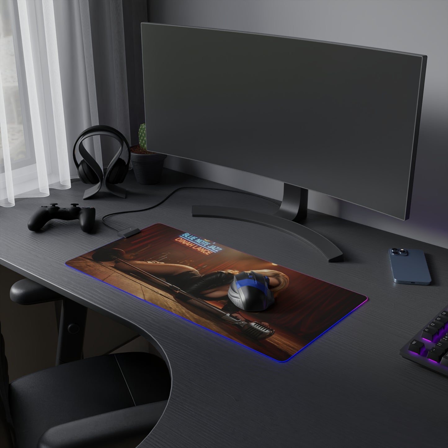 Black Canary Desk Mat – LED RGB Pad, Waifu Hero Anime Girl Setup on gaming desk with headset, controller, mouse and curved monitor