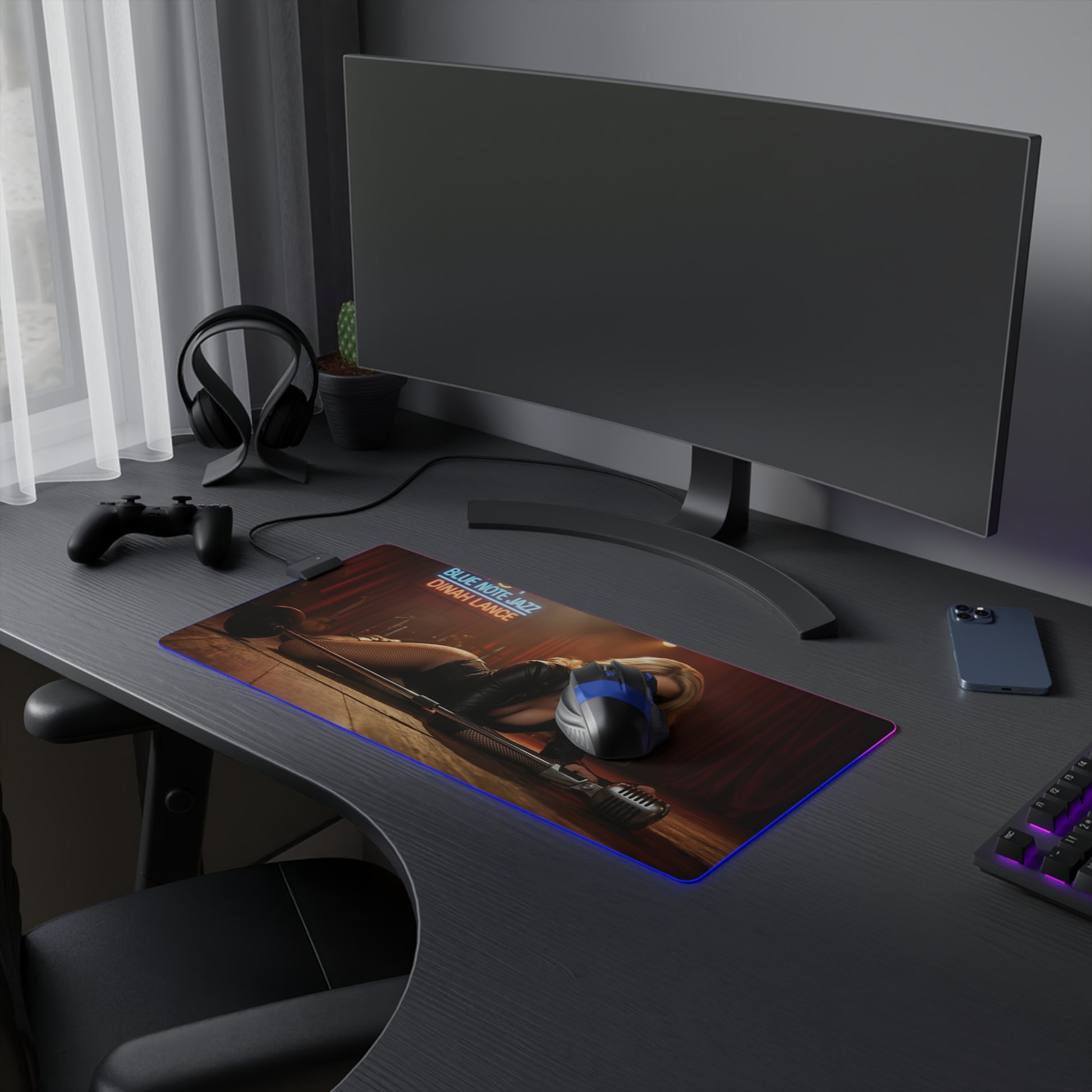 Black Canary Desk Mat – LED RGB Pad, Waifu Hero Anime Girl Setup on gaming desk with headset, controller, mouse and curved monitor