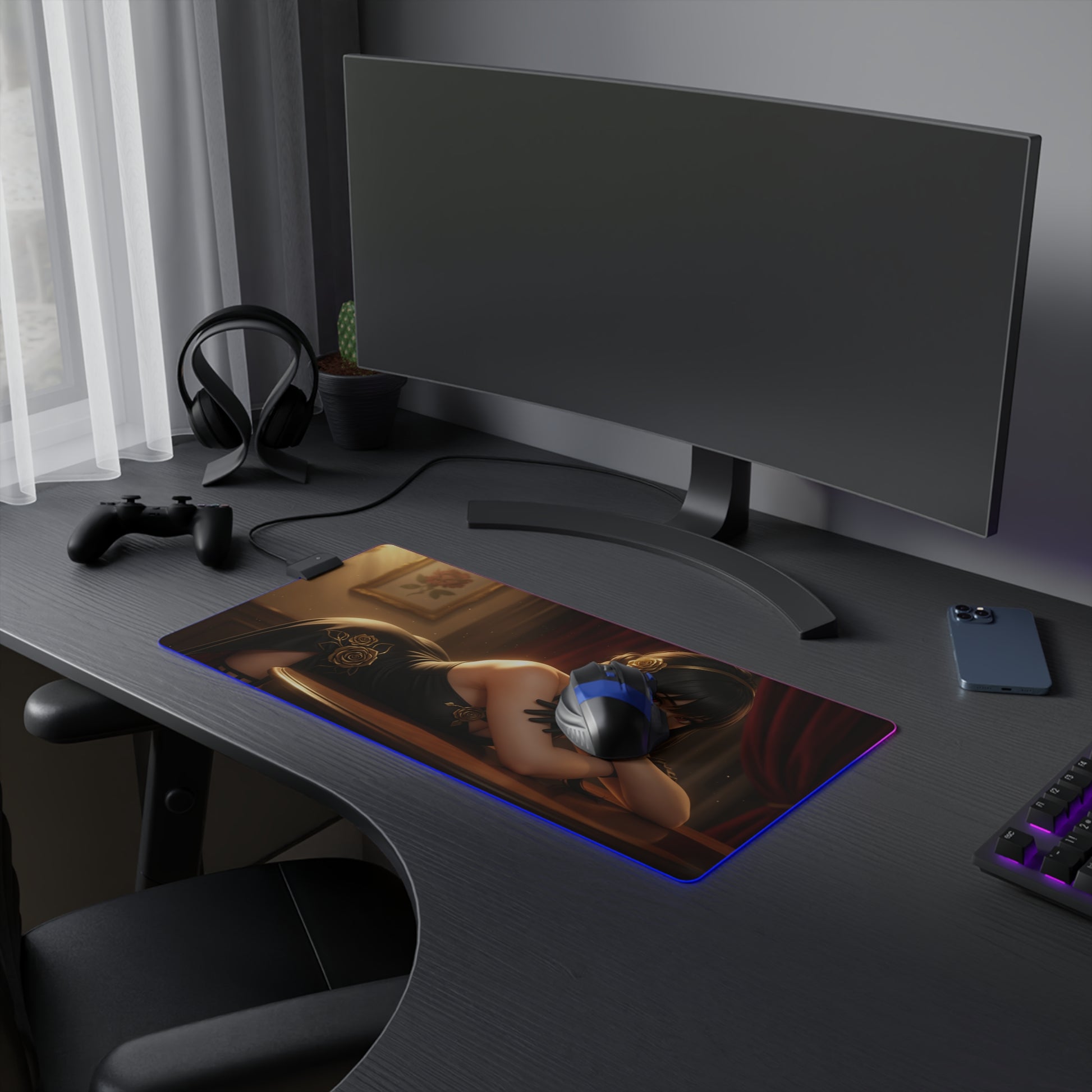 Alt Tag: Yor Forger Desk Mat – LED RGB Pad, Waifu Anime Girl Gaming Setup showing reclining waifu on RGB-lit large mousepad