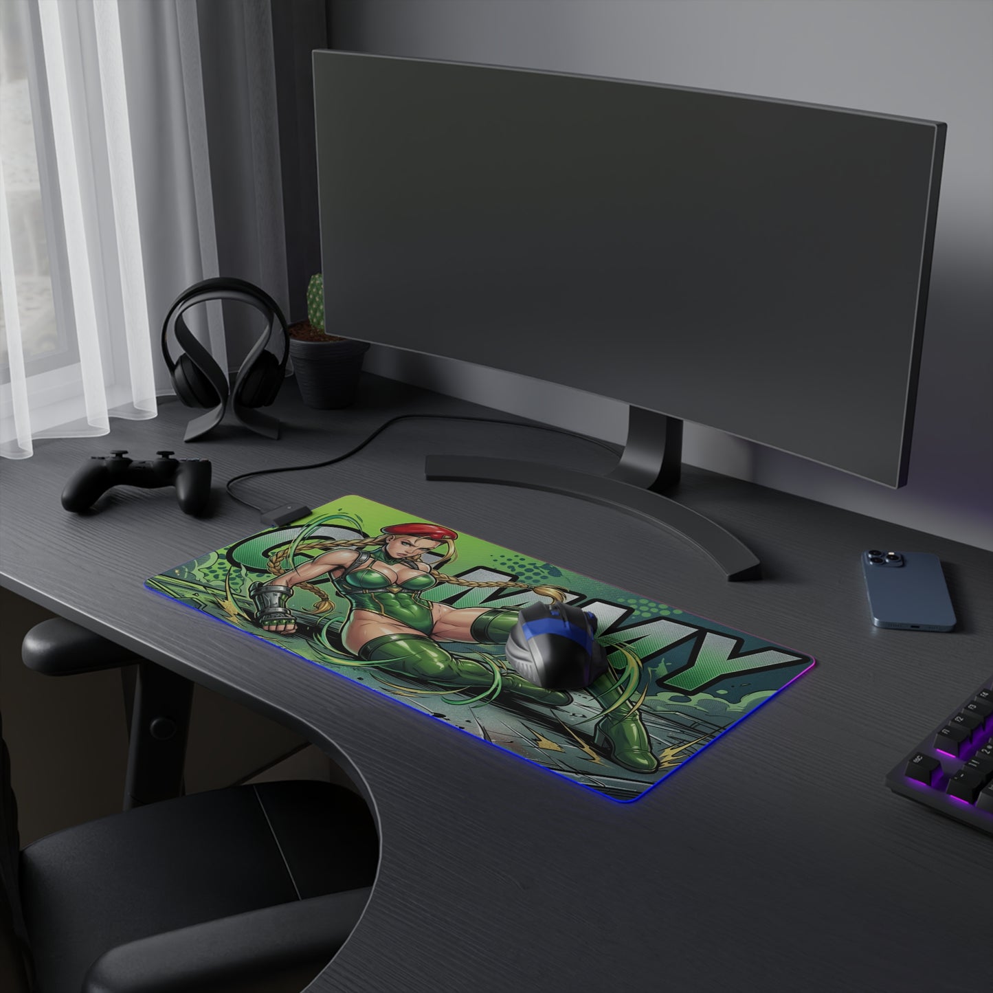 Cammy RGB Desk Mat, Fighting Game Gaming Mouse Pad, LED Desk Mat for Gamer Setup showing bold green military-inspired artwork on a gaming desk with RGB lighting