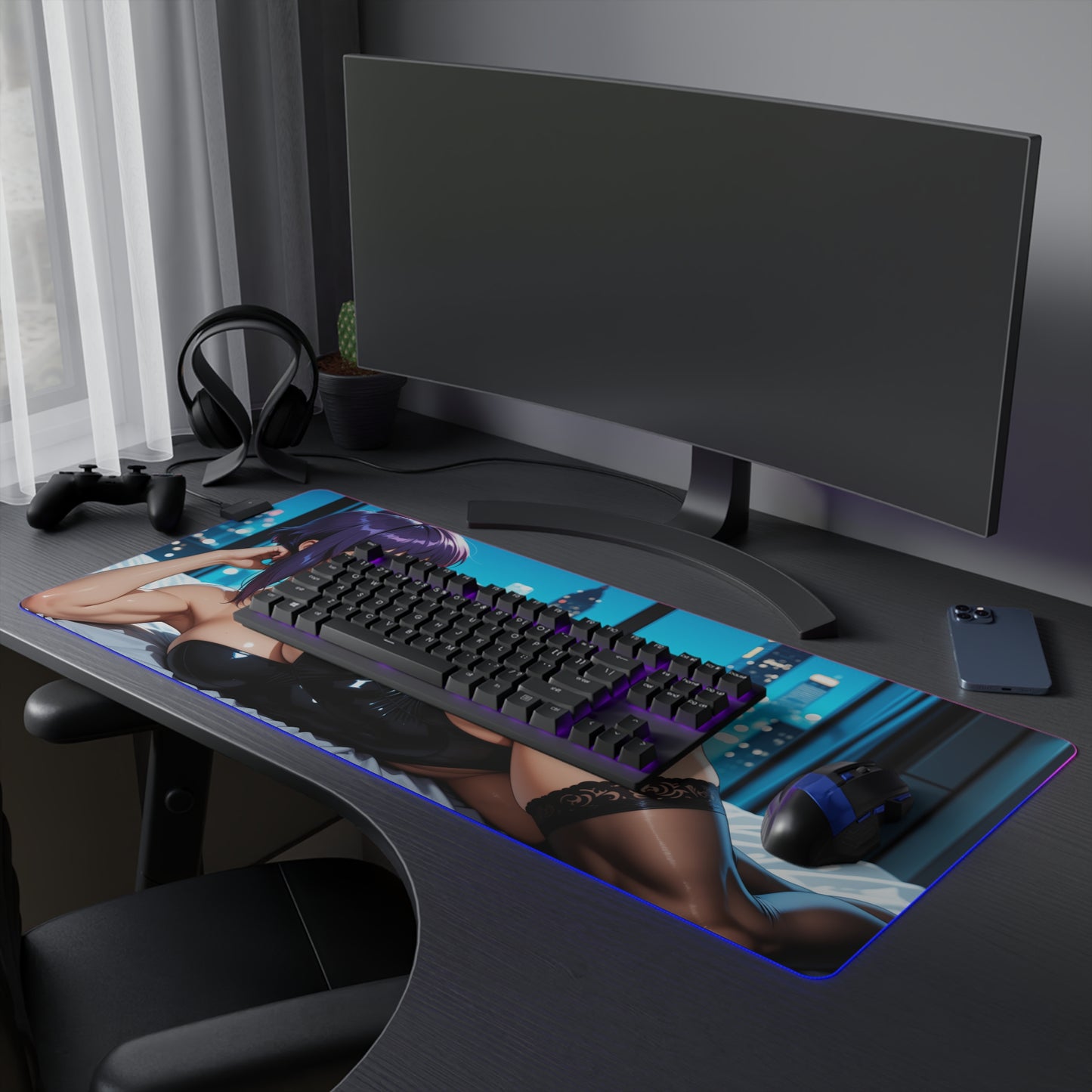 Motoko Kusanagi Desk Mat – LED RGB Pad, Cyber Waifu Anime Girl Setup