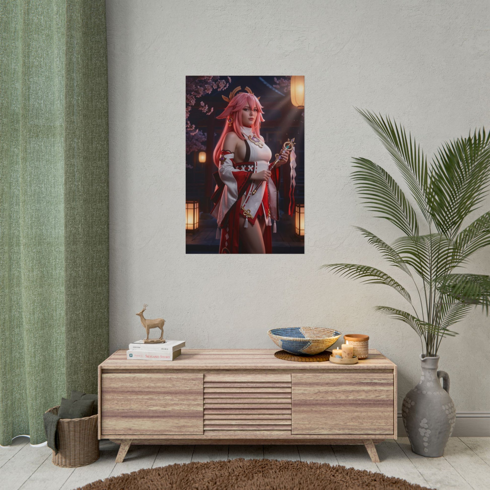 Yae Miko Poster, Genshin Impact Art Print – Iconic Electro Shrine Maiden on wall over console in stylish gamer room