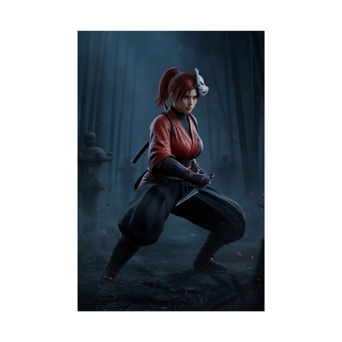 Kunimitsu Poster, Tekken Art Print  Iconic Ninja Heroine Wall Art, dramatic ninja heroine in red garb poised in bamboo forest with dagger