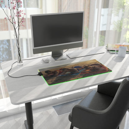 Ada Wong, Claire Redfield & Jill Valentine Desk Mat – LED RGB Pad on modern white desk with PC, keyboard and green LED edge