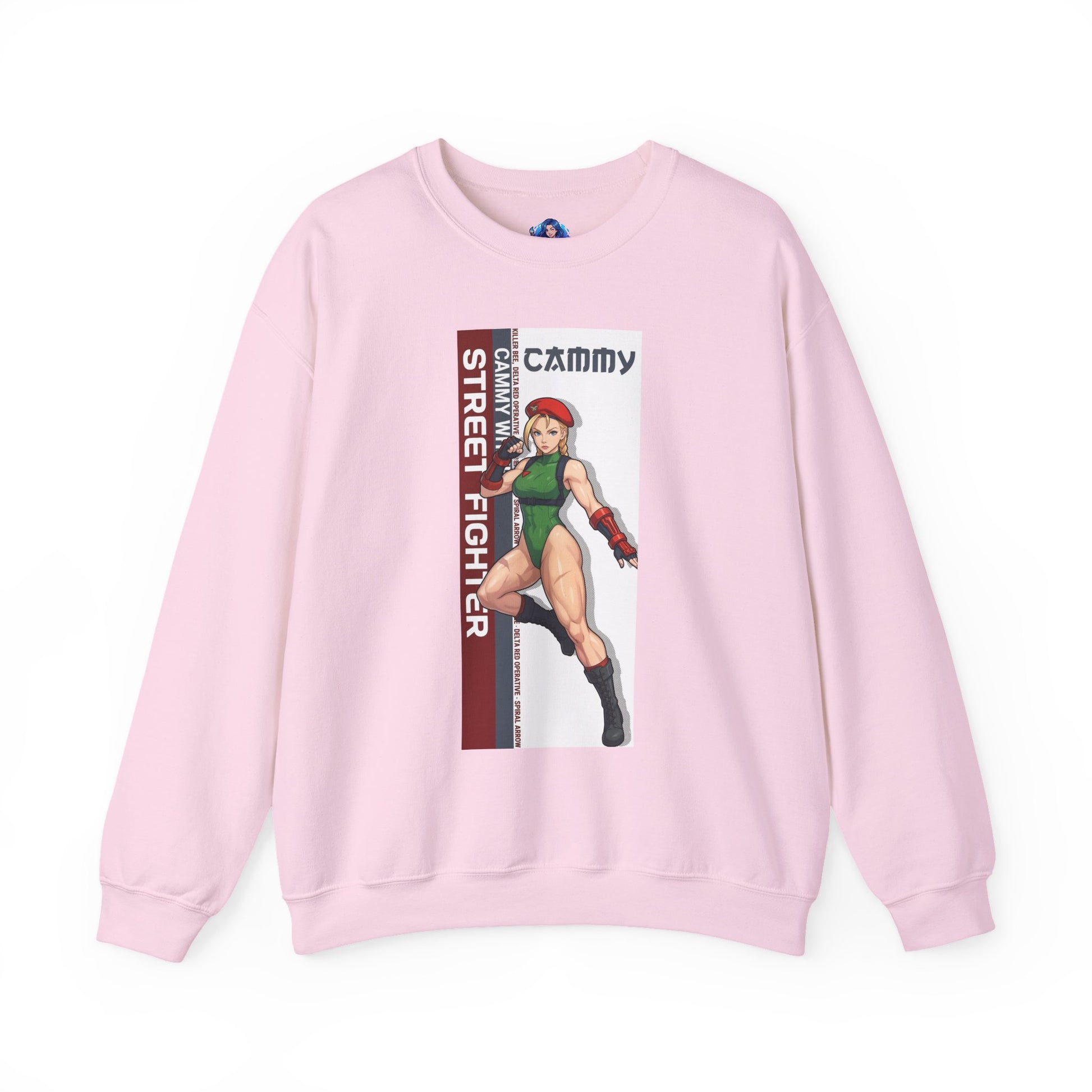 Cammy Sweatshirt, Street Fighter Crewneck, Classic Fighting Game Apparel for Fans featuring Cammy artwork on pink premium crewneck
