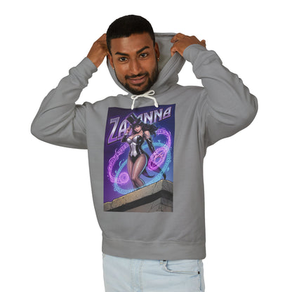 Zatanna Hoodie | DC Magic Hero Hoodie | Master Illusionist Pullover gray pullover with Zatanna stage magician artwork worn by smiling model