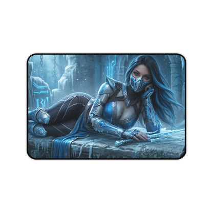 Frost Gaming Mouse Pad, Mortal Kombat Desk Mat, Ice Fighter Girl Setup featuring icy cryomancer artwork on a wide gaming desk mat