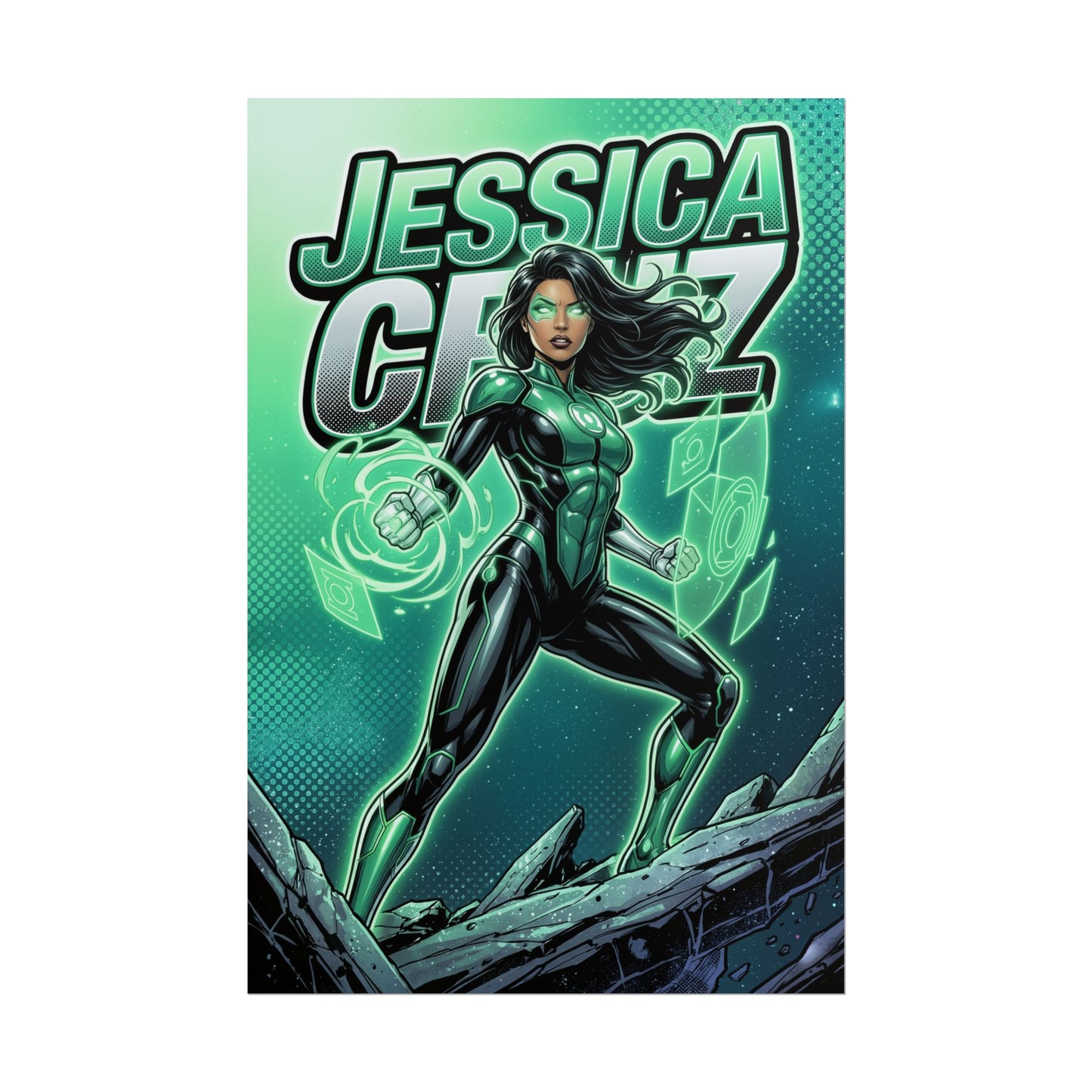Jessica Cruz Poster / Jessica Cruz Wall Art / Jessica Cruz Art Print / DC Poster featuring determined Green Lantern heroine glowing with emerald energy