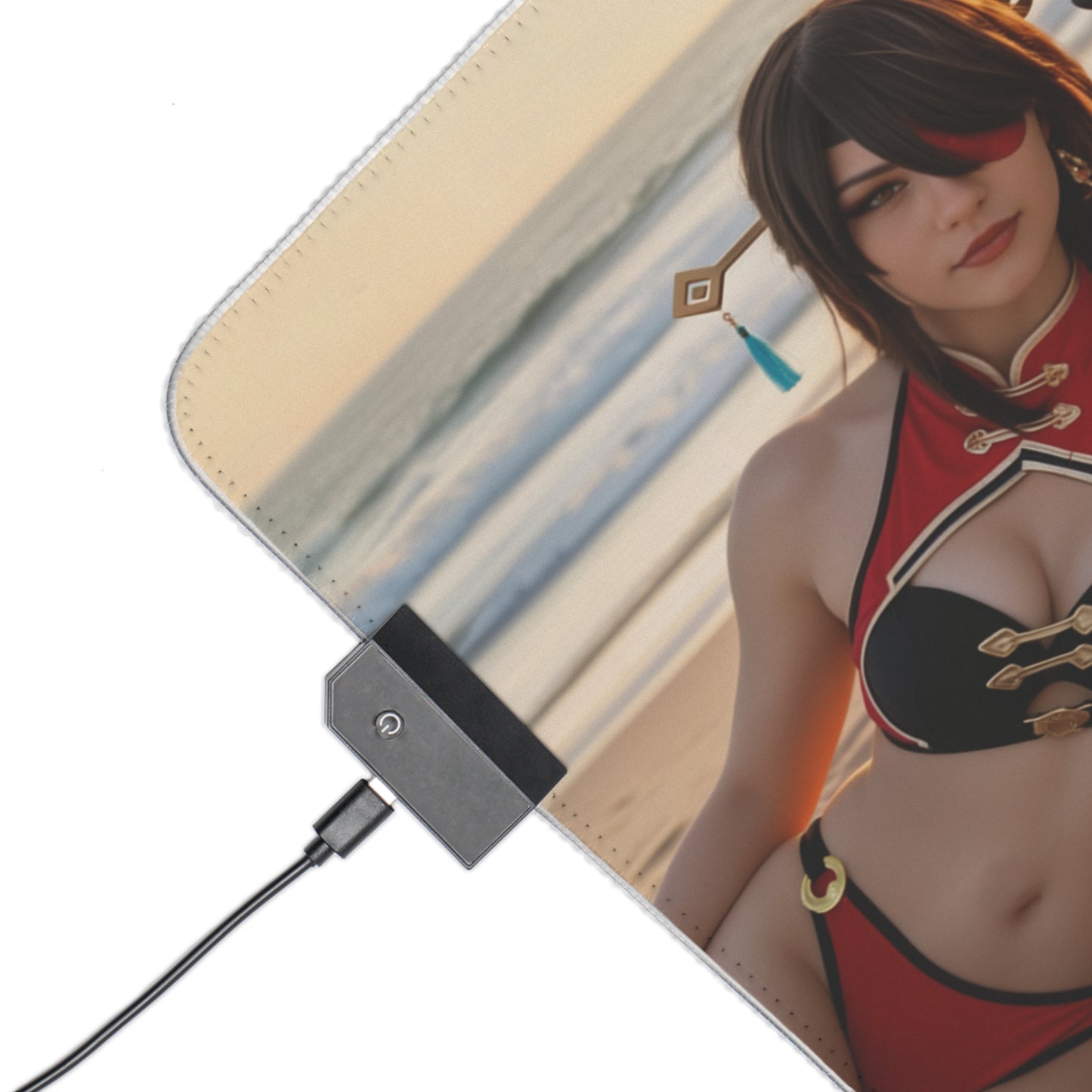 Genshin Impact Girls Desk Mat – LED RGB Pad, Waifu Anime Girl Setup showing LED corner connector and bikini cosplay character on beach print