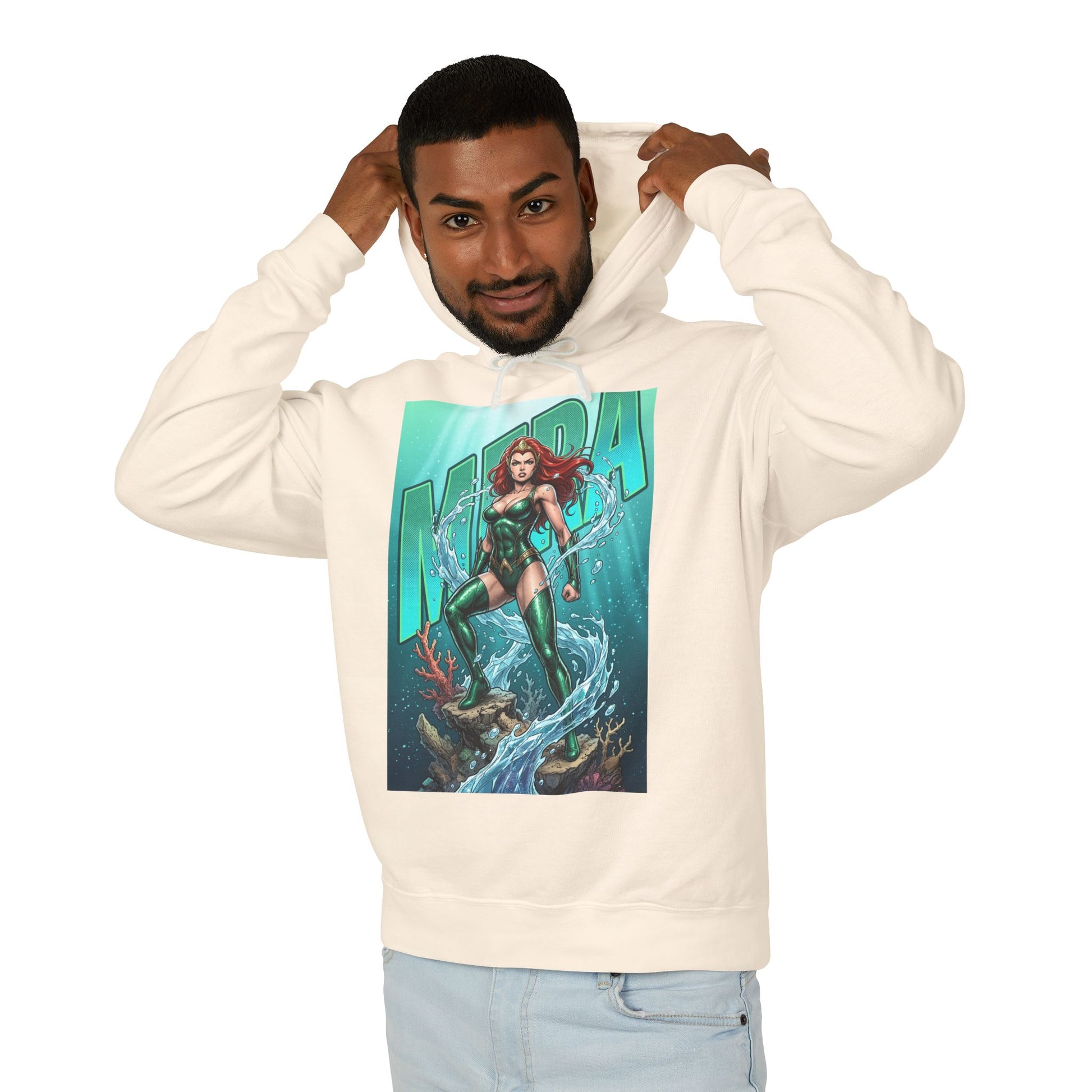 Mera Hoodie | DC Superhero Hoodie | Ocean-Born Warrior Pullover modeled by person wearing cream hoodie with Mera graphic, breathable cotton, relaxed fit