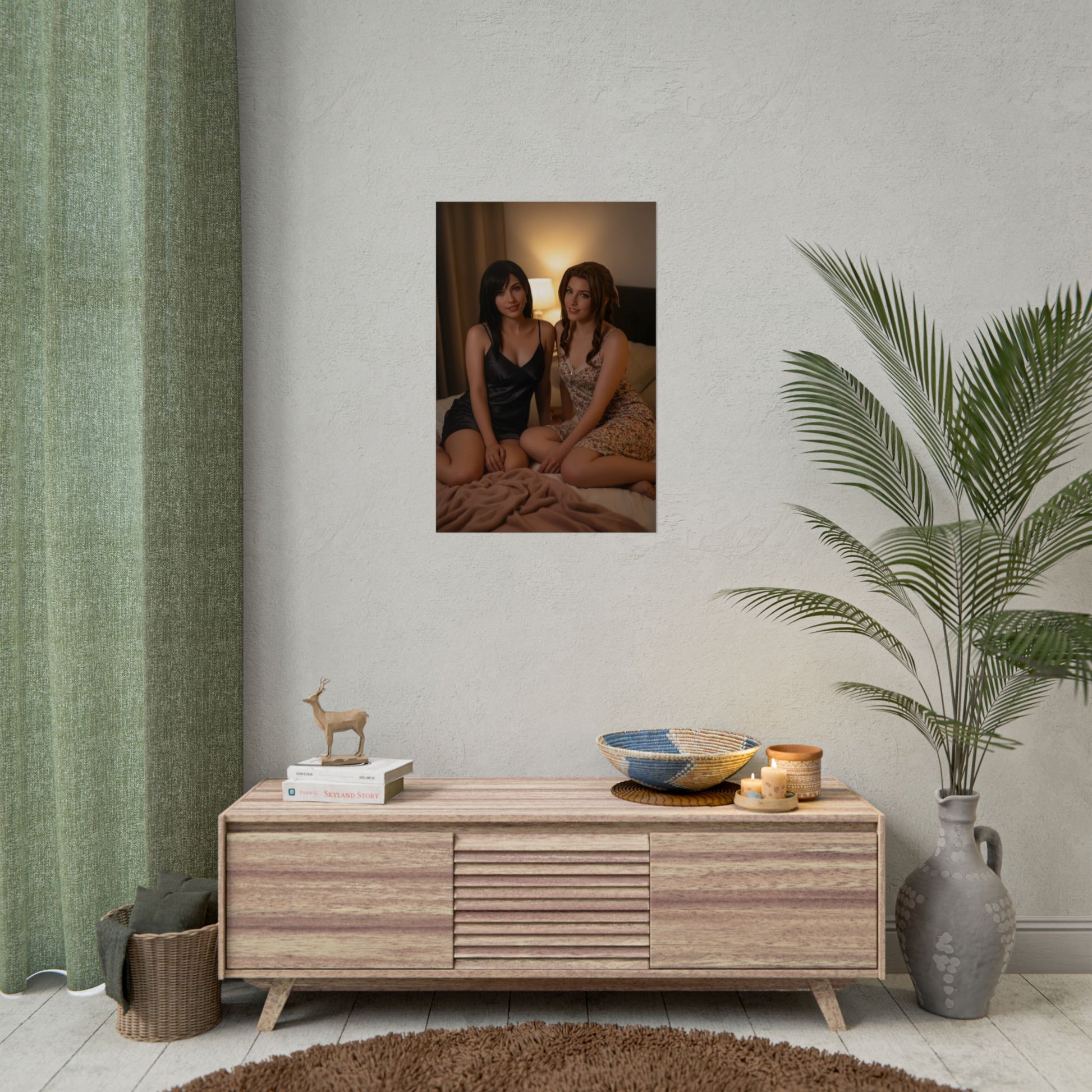 Tifa and Aerith Final Fantasy Poster – Legendary RPG Heroines Wall Art centered on a bedroom wall, vivid semi-gloss print showcasing both heroines