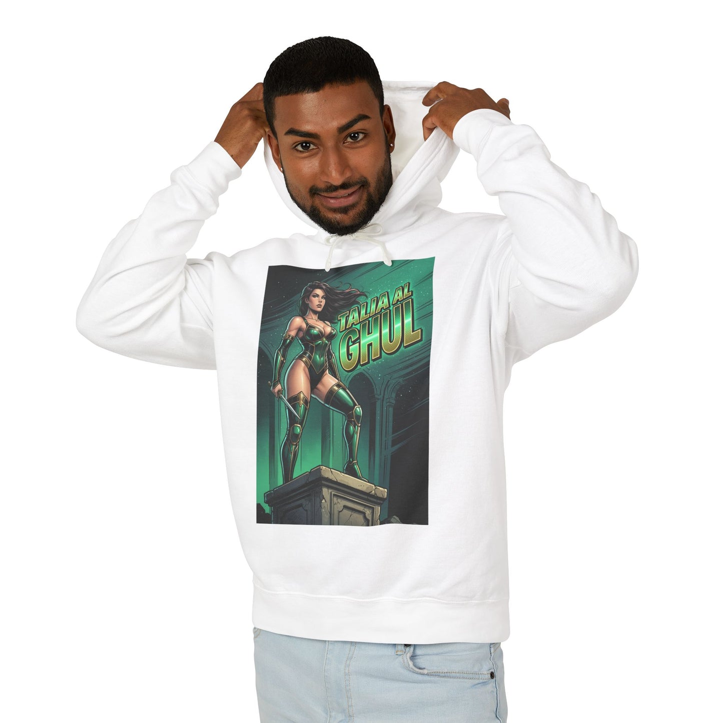 Talia al Ghul Hoodie | DC Villain Hoodie | League of Assassins Pullover - white cotton pullover with graphic of Talia al Ghul on pedestal