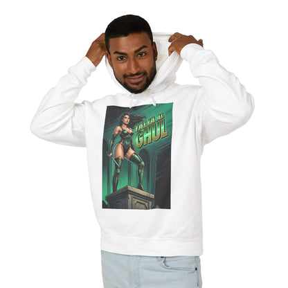 Talia al Ghul Hoodie | DC Villain Hoodie | League of Assassins Pullover - white cotton pullover with graphic of Talia al Ghul on pedestal