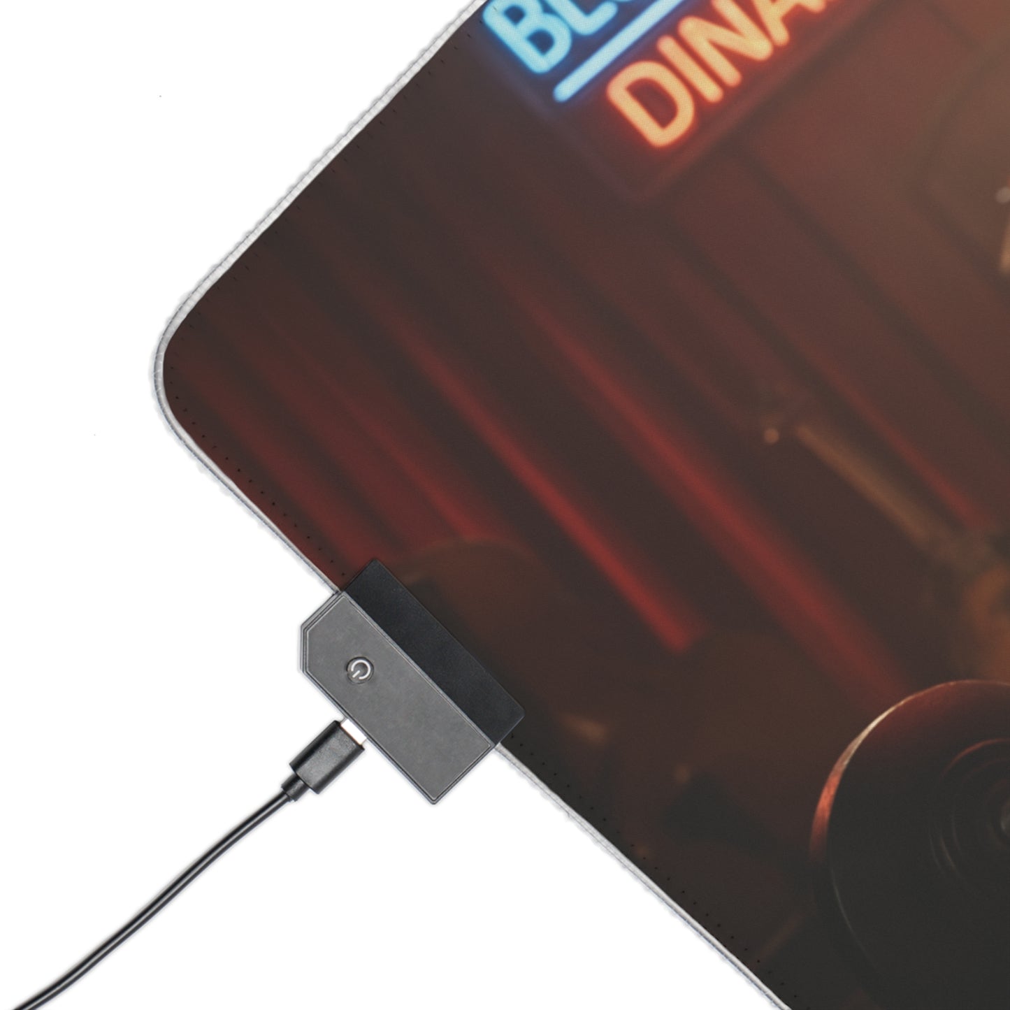 Black Canary Desk Mat – LED RGB Pad, Waifu Hero Anime Girl Setup close-up corner with USB LED controller and stitched edge on gaming mat