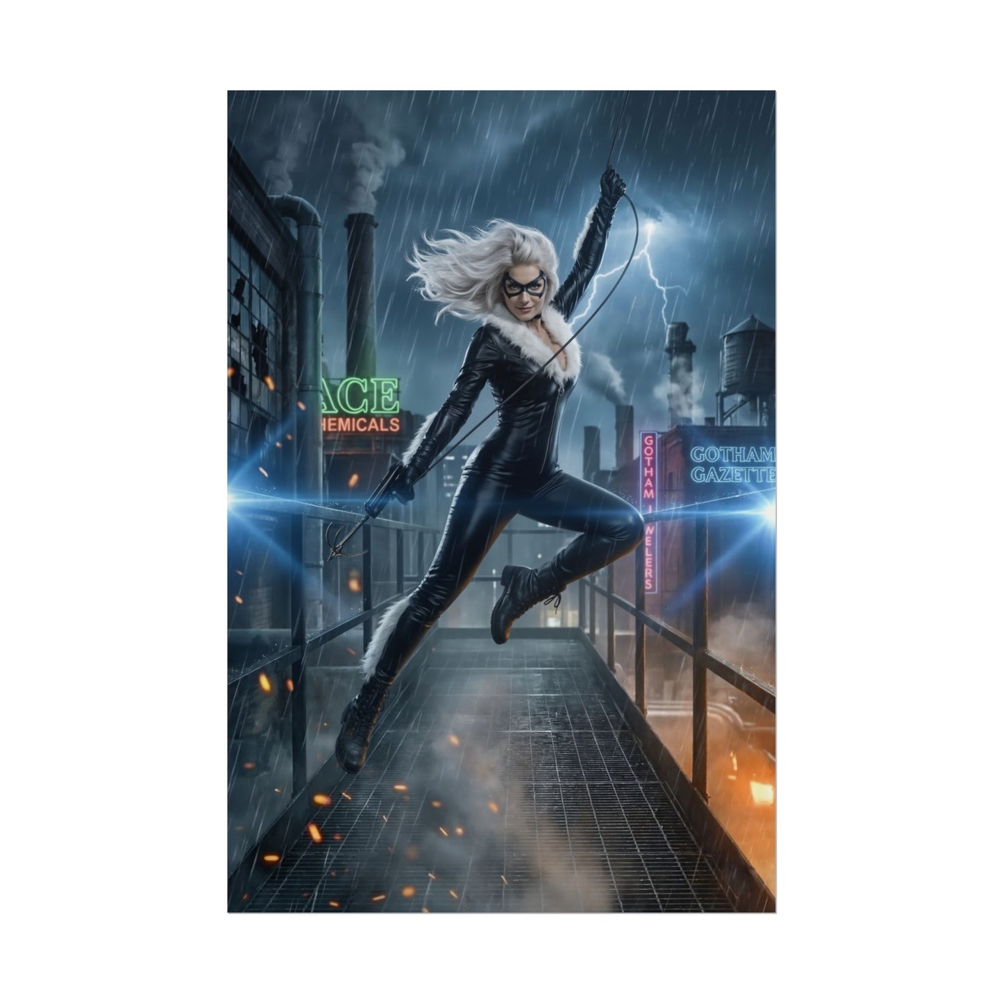 Black Cat Poster, Marvel Art Print – Iconic Comic Heroine Wall Decor featuring dynamic Black Cat in rain-slick rooftop pose, high-res comic wall art