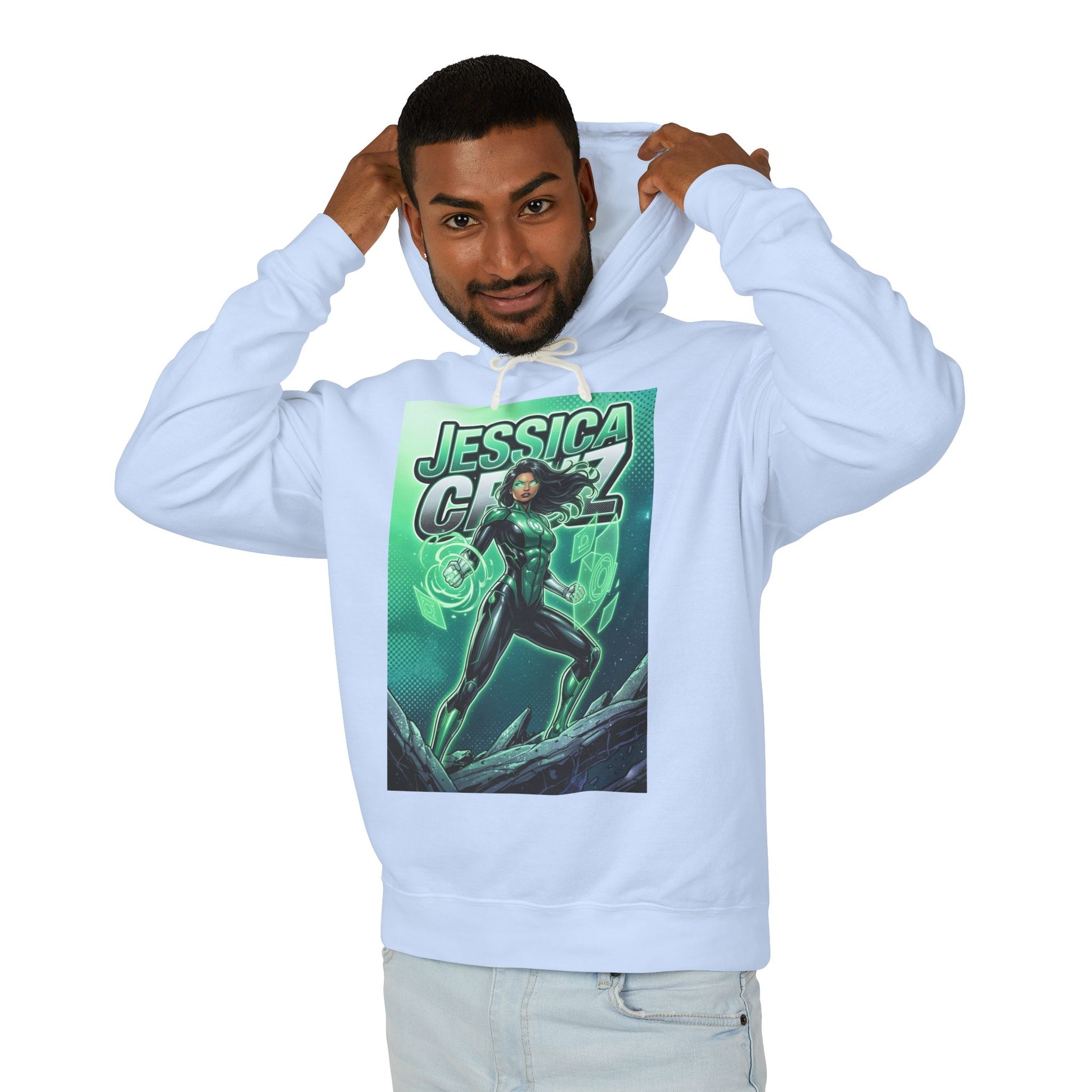 Jessica Cruz Hoodie | Green Lantern Hoodie | DC Superhero Pullover featuring a man wearing a white hoodie with glowing green Jessica Cruz comic art