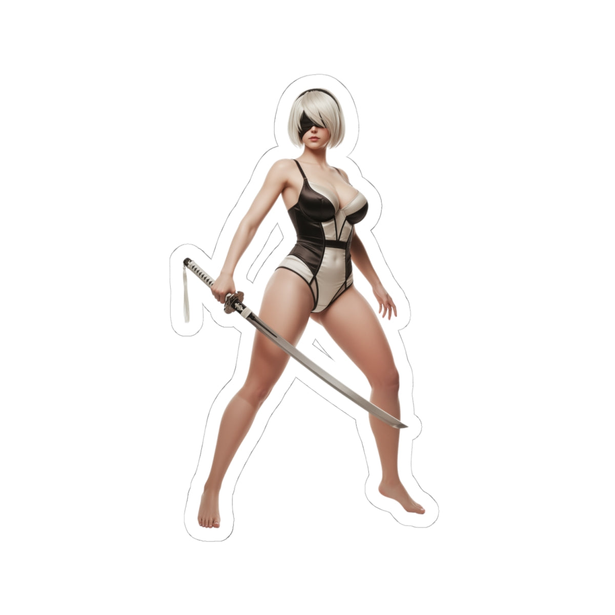 2B Sticker – Sci-Fi Game Vinyl Sticker for Laptops & Indoor Decor, glossy durable vinyl sticker of a sci-fi female warrior with katana ready stance