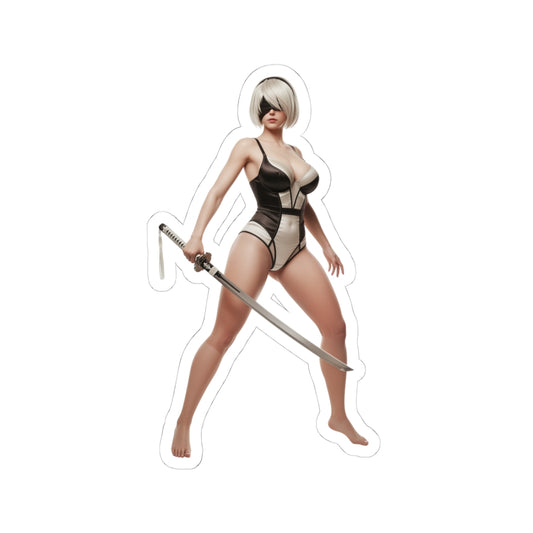 2B Sticker – Sci-Fi Game Vinyl Sticker for Laptops & Indoor Decor, glossy durable vinyl sticker of a sci-fi female warrior with katana ready stance