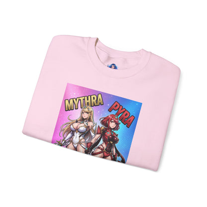 Mythra and Pyra Sweatshirt, Fantasy RPG Crewneck, Anime-Inspired Fan Apparel - pink crewneck showing Mythra and Pyra artwork