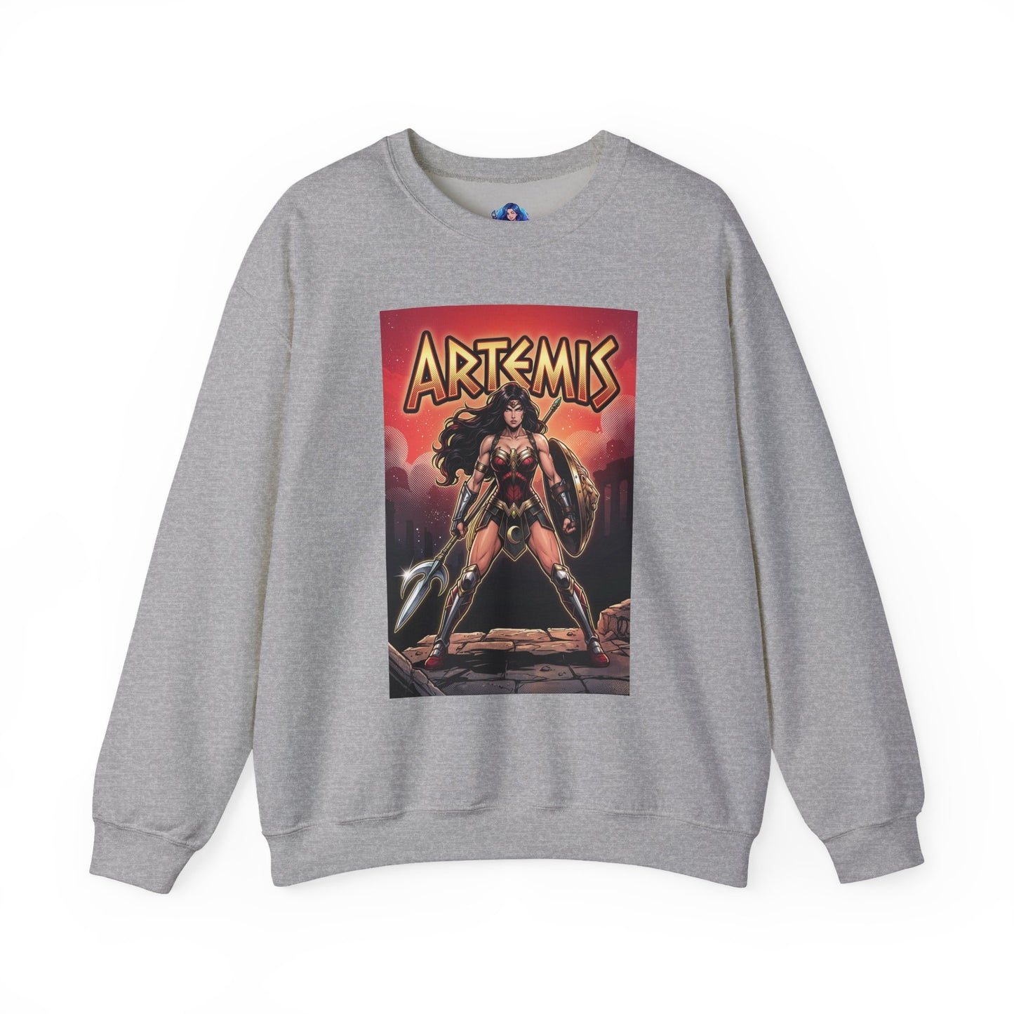 Artemis Sweatshirt, DC Comics Warrior Art, Premium Hero Apparel gray crewneck featuring Artemis in armor with spear and shield, bold comic poster design