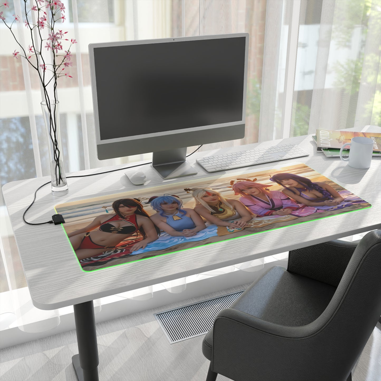 Genshin Impact Girls Desk Mat – LED RGB Pad, Waifu Anime Girl Setup on modern white desk with monitor and colorful LED border