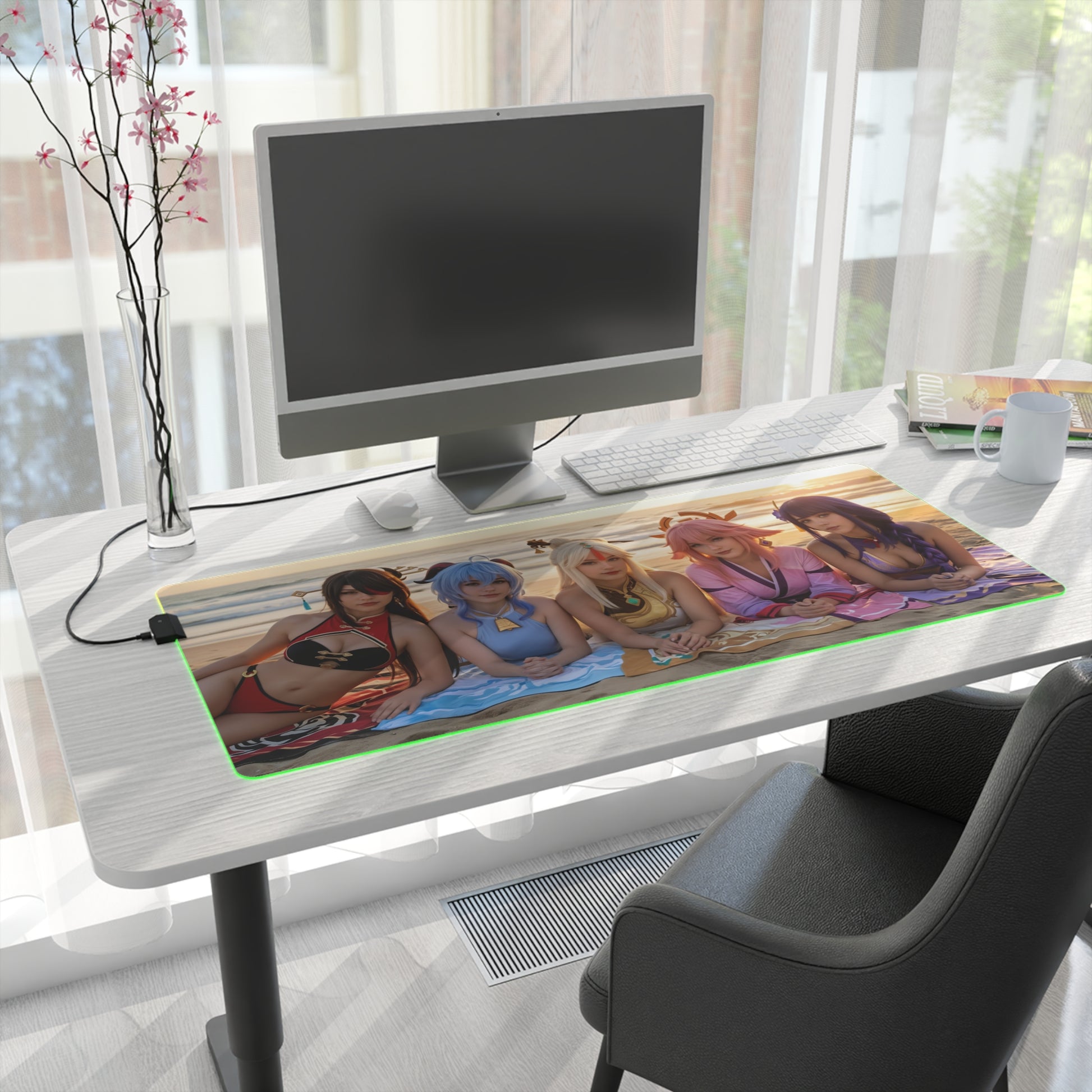 Genshin Impact Girls Desk Mat – LED RGB Pad, Waifu Anime Girl Setup on modern white desk with monitor and colorful LED border