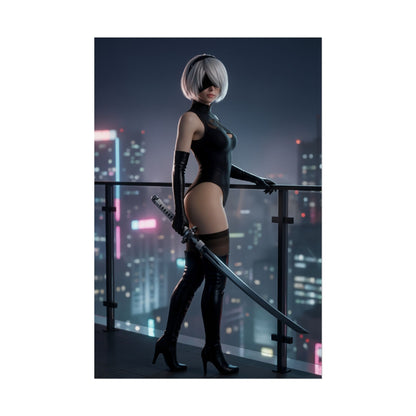 2B Poster, NieR Automata Art Print – Action RPG Heroine Wall Decor showing 2B in black bodysuit with katana on city rooftop at night