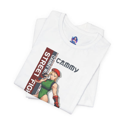Cammy White T-Shirt | Street Fighter Anime Tee for Gamers & Fighting Game Fans folded white Bella Canvas tee with Cammy illustration