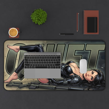 Quiet Mouse Pad – Tactical Action Gaming Mouse Pad, Stylish Gamer Desk Decor featuring tactical artwork and reclining character on a gaming desk