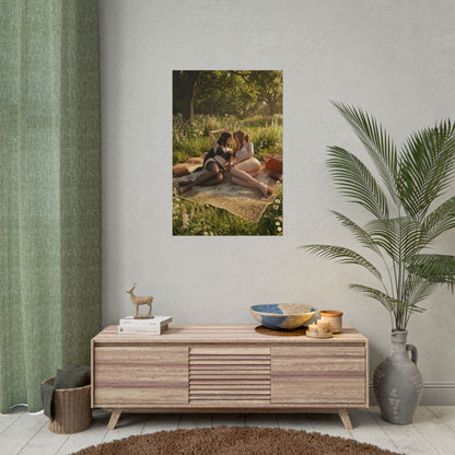 Tifa Aerith Poster, Final Fantasy VII Art Print – Iconic Game Duo Decor hanging in modern gamer room over console with plants