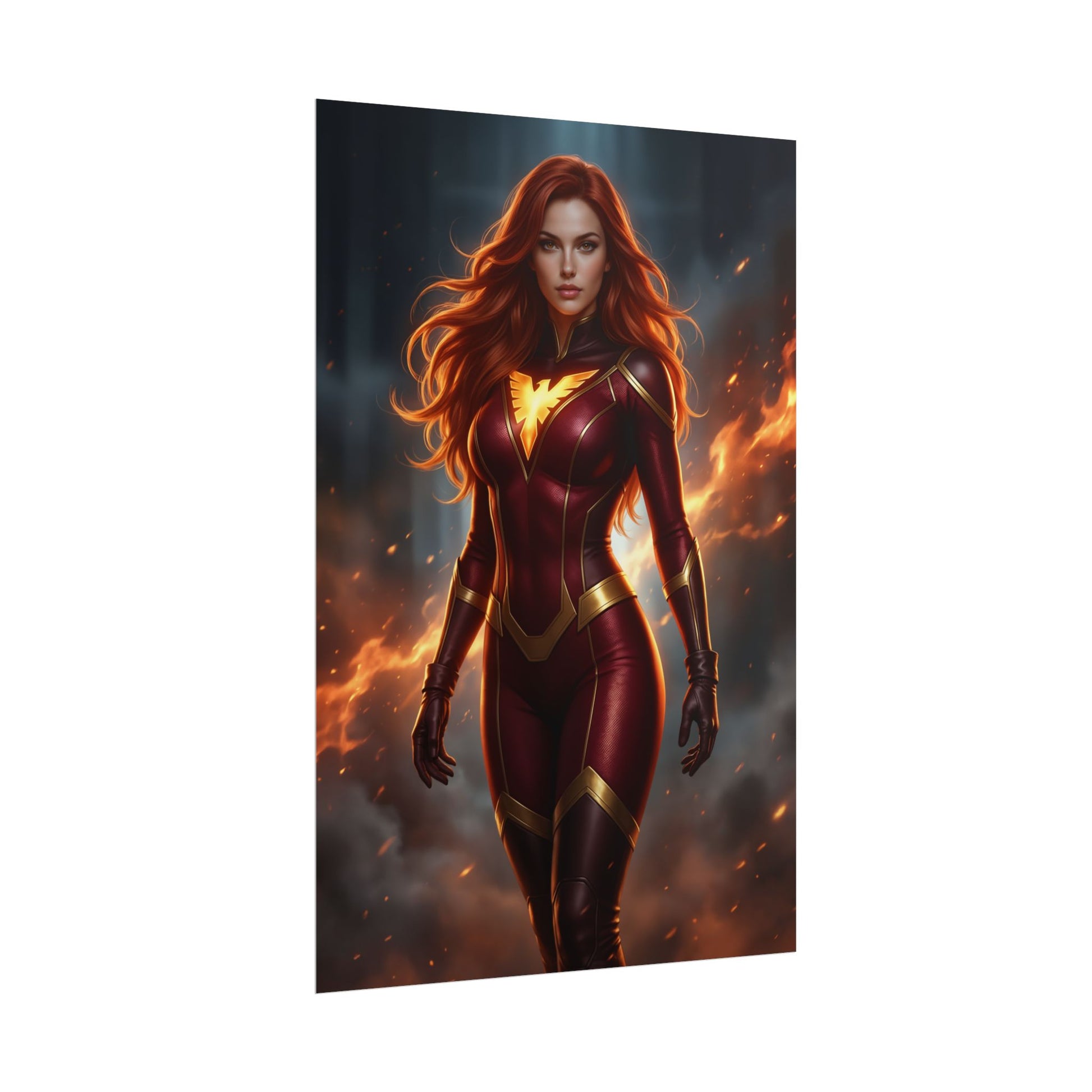 Jean Grey Poster, Marvel X-Men Art Print, Iconic Telepath Hero Wall Decor showing fiery telepathic portrait for gaming and modern interiors