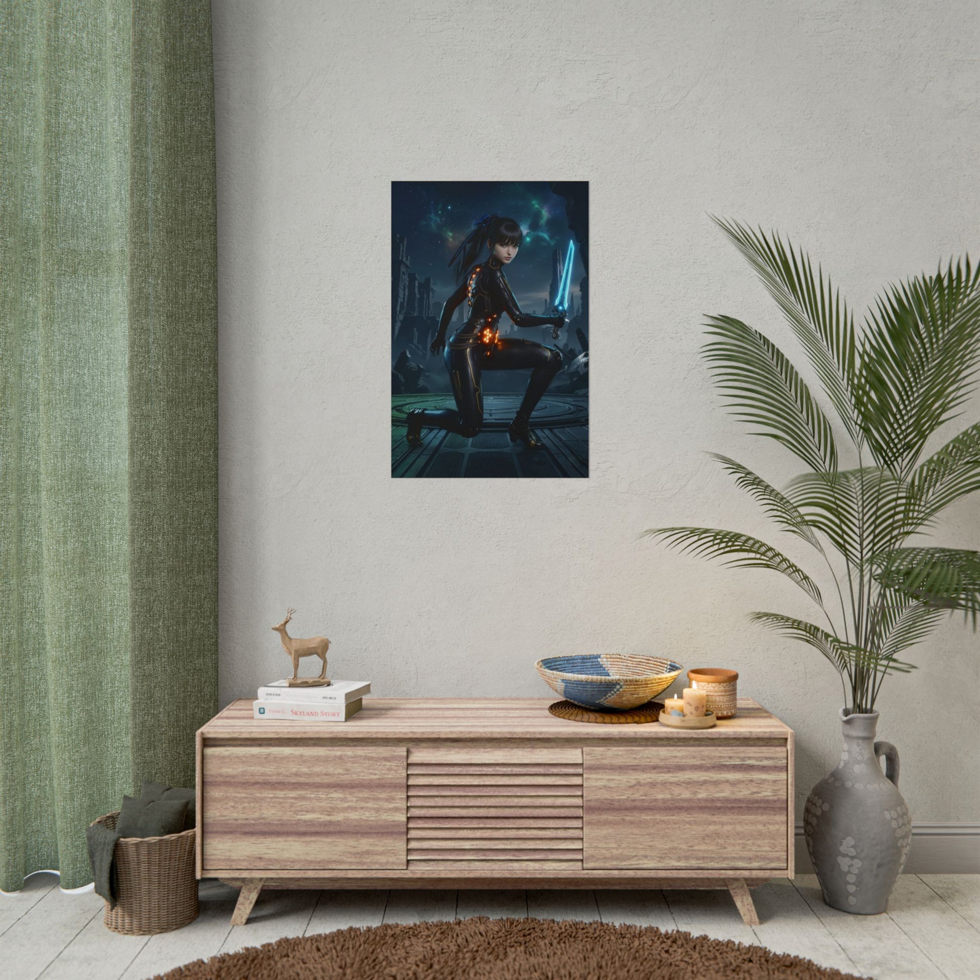 Copy of EVE Poster, Stellar Blade Art Print, Legendary Android Warrior — futuristic art print of a calm, combat-ready android in a sci‑fi interior