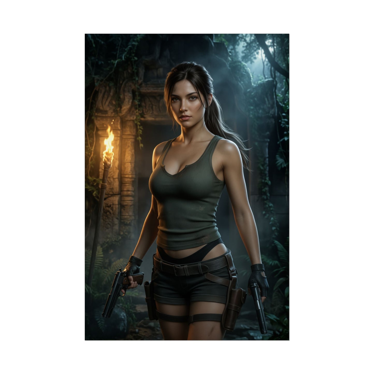 Lara Croft Poster Tomb Raider Wall Art Print Adventure Decor featuring Lara in jungle ruins at sunset with torches, combat stance and dual pistols