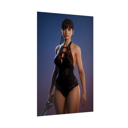EVE Poster, Stellar Blade Art Print, Iconic Sci-Fi Action Hero Wall Decor featuring focused action heroine in futuristic combat suit, clean sci‑fi aesthetic