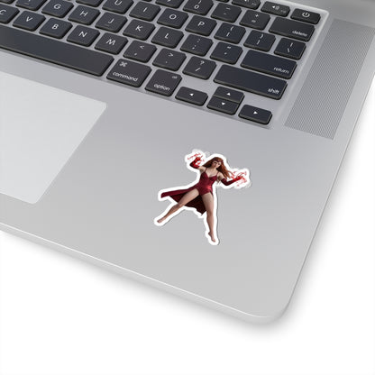 Scarlet Witch Sticker – Comic Heroine Vinyl Sticker for Laptops & Indoor Decor shown on silver laptop corner with glossy vibrant print