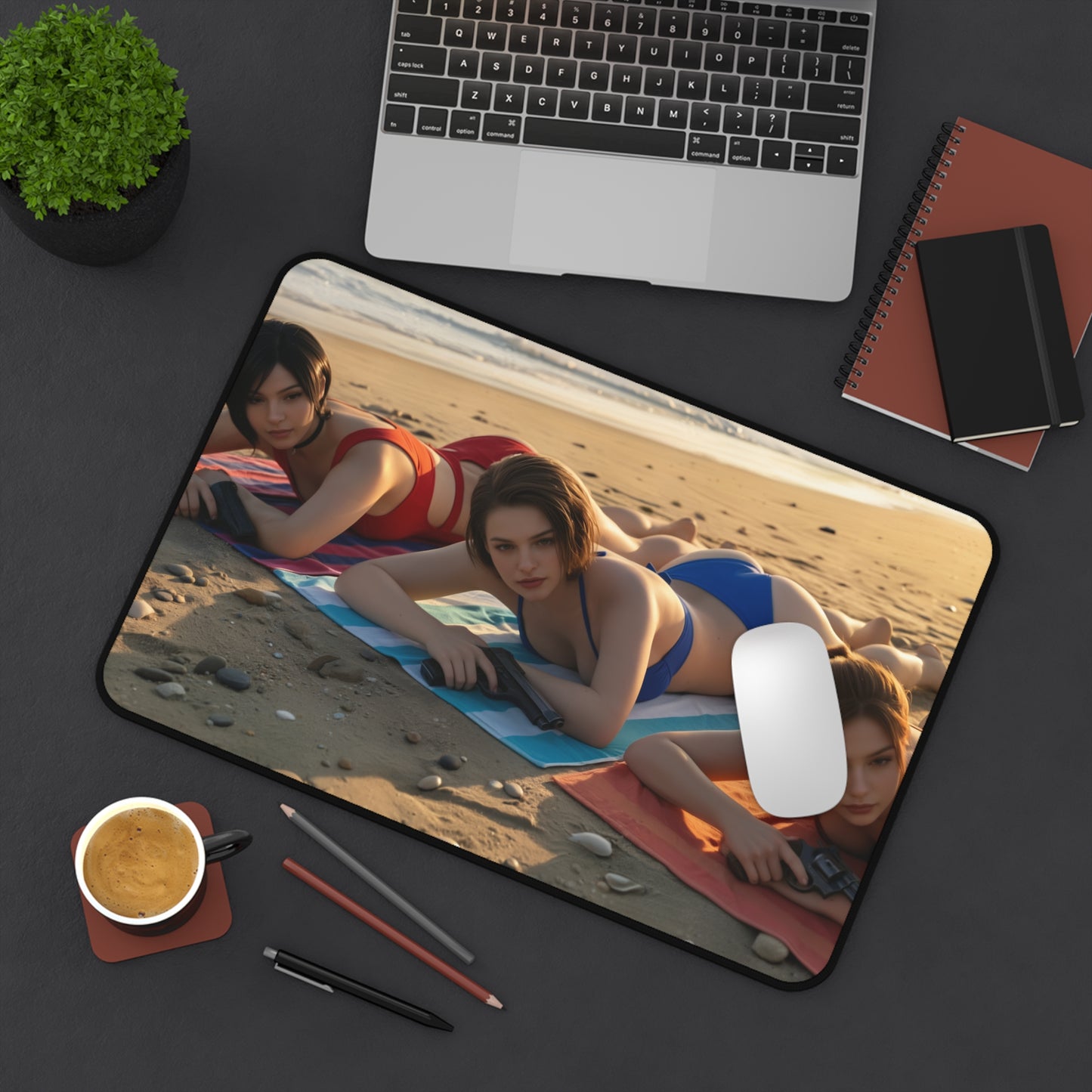 Gaming Mouse Pad – Ada Wong Claire Redfield Jill Valentine Desk Mat, Horror Setup featuring three female survivors on a beach desk mat