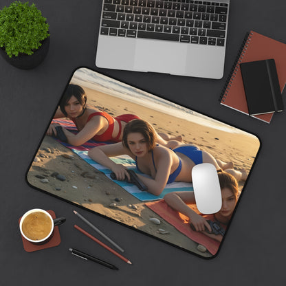 Gaming Mouse Pad – Ada Wong Claire Redfield Jill Valentine Desk Mat, Horror Setup featuring three female survivors on a beach desk mat
