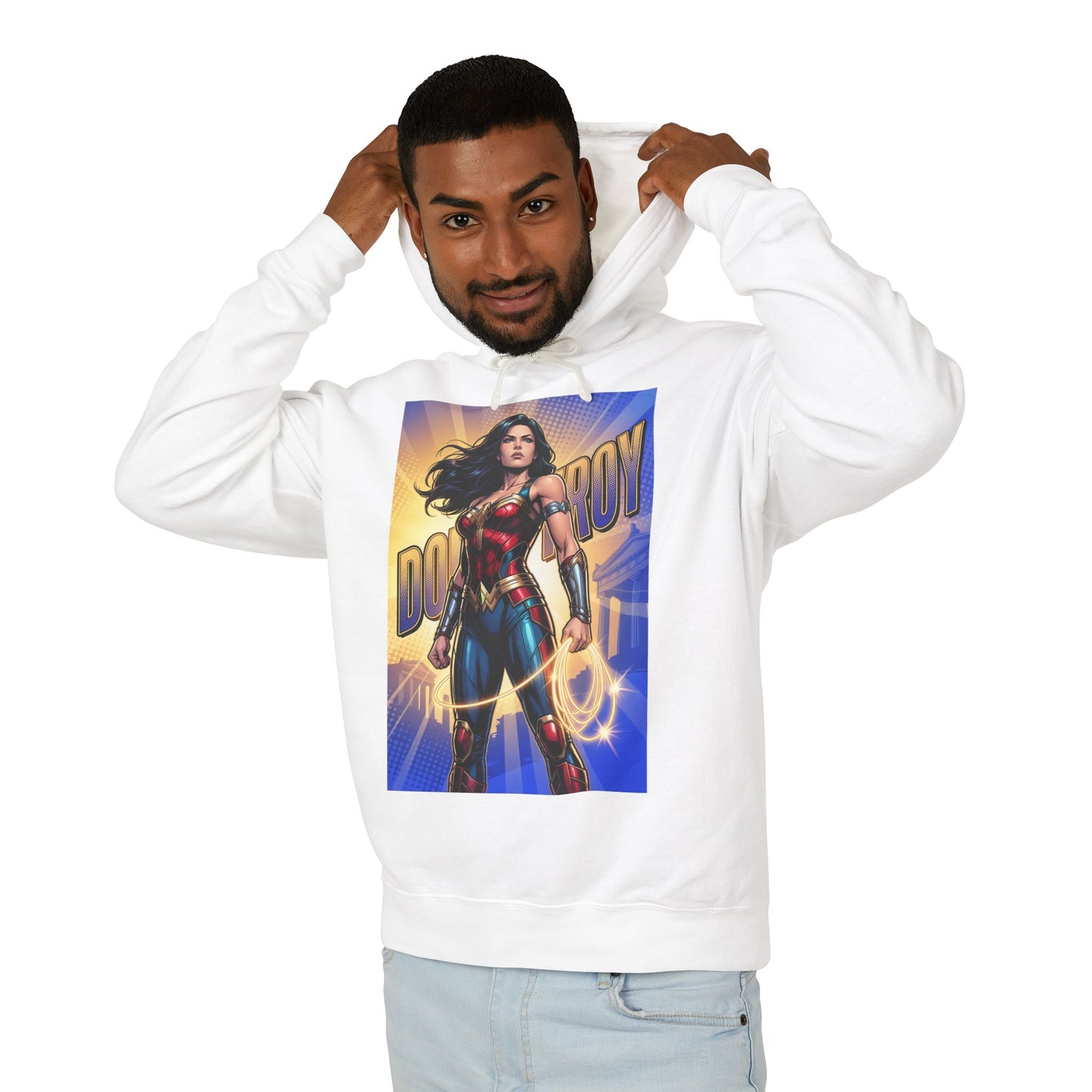 Donna Troy Hoodie | DC Superhero Hoodie | Amazon Legacy Pullover showing model wearing white pullover with bold Donna Troy graphic