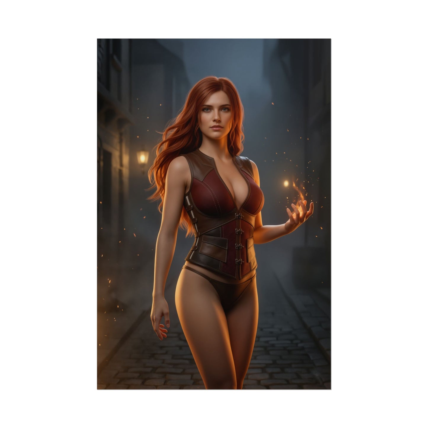 Triss Merigold Poster Witcher Wall Art Print Fantasy Room Decor featuring sorceress in medieval street with warm fire glow